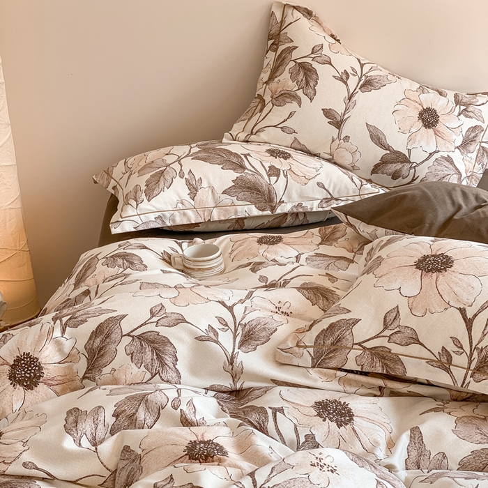 91家纺网 家纺一手货源 找家纺 大吉 2025新款加厚活性喷气磨毛棉四件套被套床单床笠学生单人三件套 烟雨江南-咖