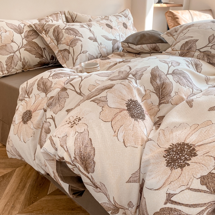 91家纺网 家纺一手货源 找家纺 大吉 2025新款加厚活性喷气磨毛棉四件套被套床单床笠学生单人三件套 烟雨江南-咖