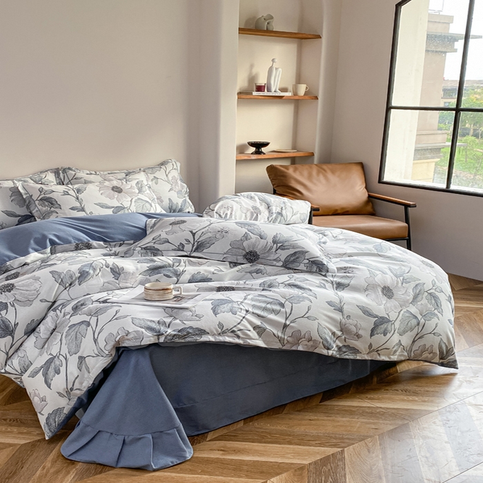 91家纺网 家纺一手货源 找家纺 大吉 2025新款加厚活性喷气磨毛棉四件套被套床单床笠学生单人三件套 烟雨江南-蓝