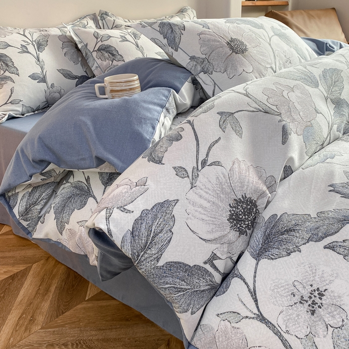 91家纺网 家纺一手货源 找家纺 大吉 2025新款加厚活性喷气磨毛棉四件套被套床单床笠学生单人三件套 烟雨江南-蓝