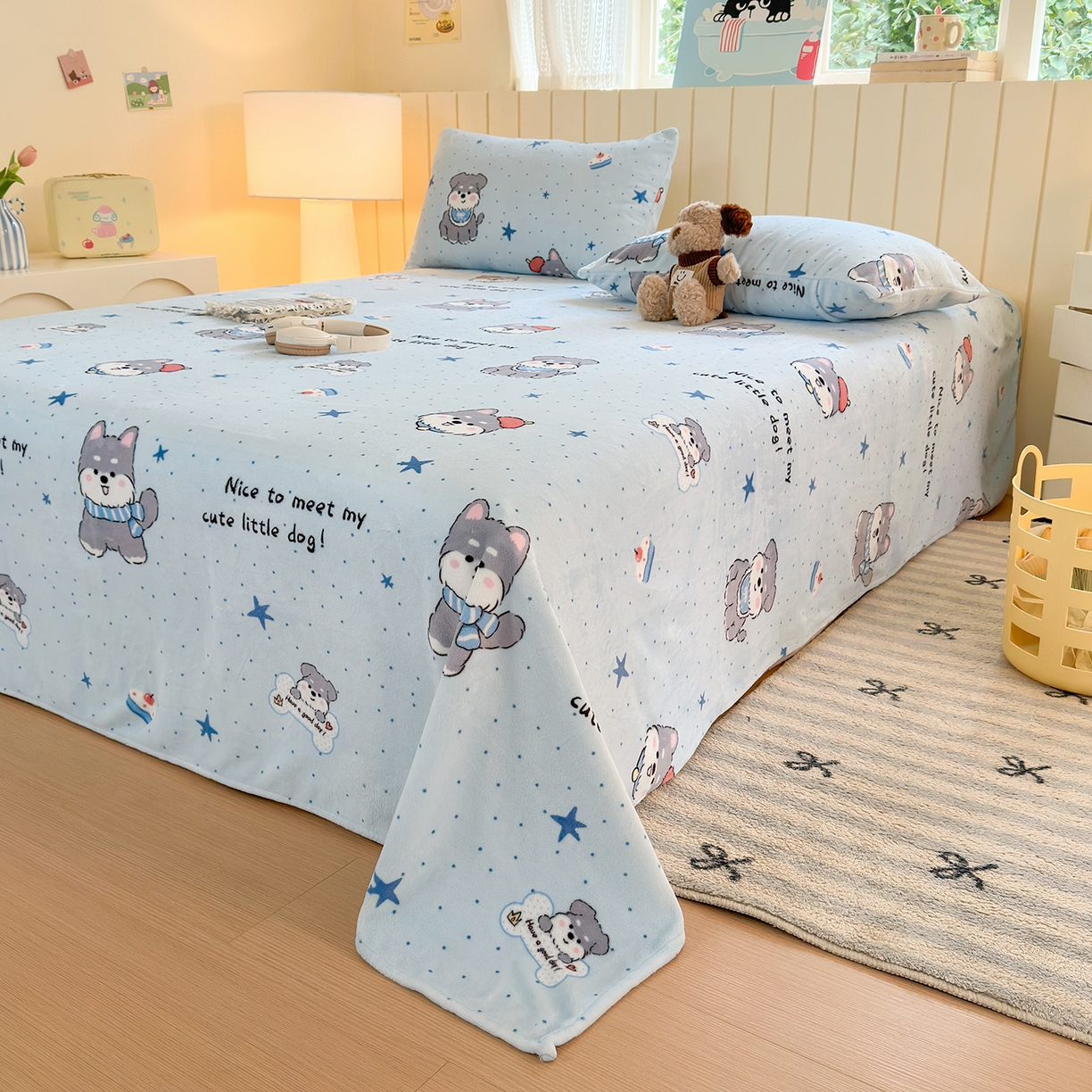 91家纺网 家纺一手货源 找家纺 丽美人家纺 2025新款小版印花牛奶绒床单单床单床单单件 甜心猫咪-蓝