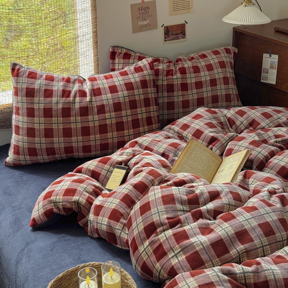 91家纺网 家纺一手货源 找家纺 耀达家居 2025新款高克重复古格子牛奶绒四件套（提供买家秀） 复古格纹-红