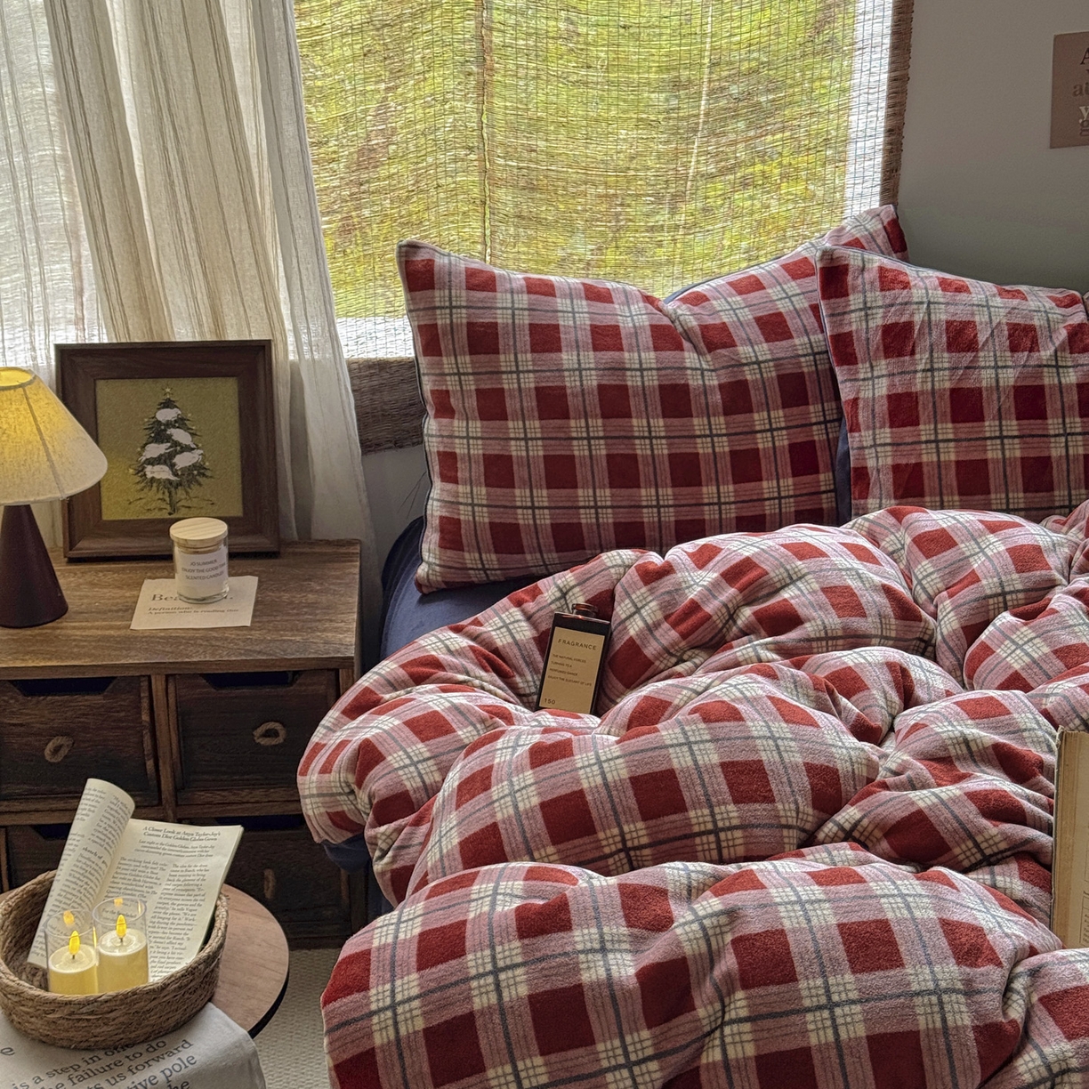 91家纺网 家纺一手货源 找家纺 耀达家居 2025新款高克重复古格子牛奶绒四件套（提供买家秀） 复古格纹-红