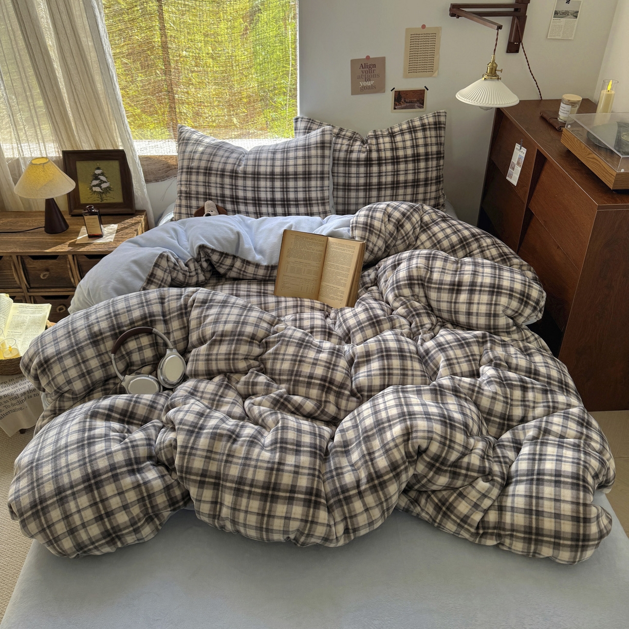 91家纺网 家纺一手货源 找家纺 耀达家居 2025新款高克重复古格子牛奶绒四件套（提供买家秀） 复古格纹-灰蓝