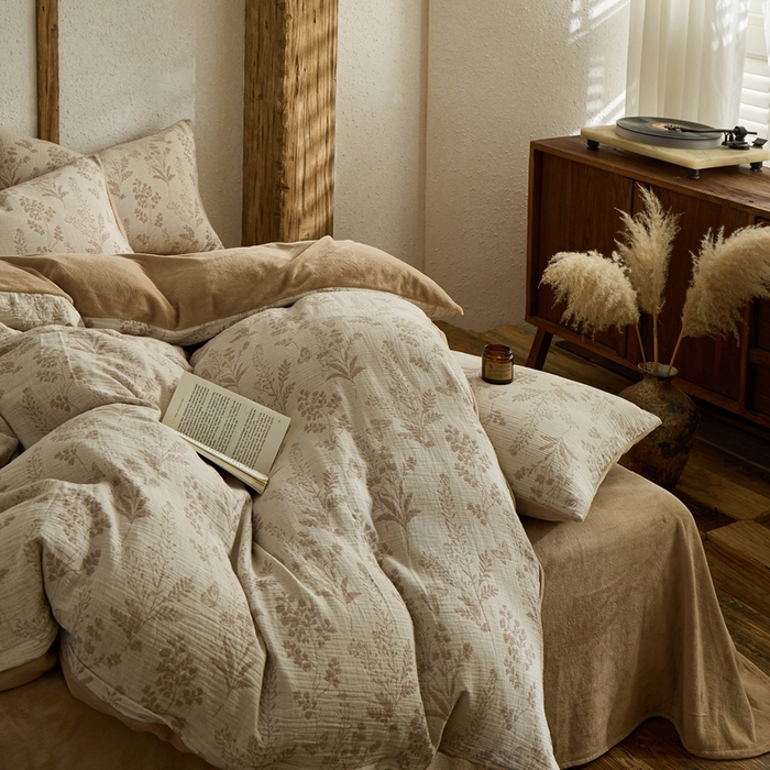 91家纺网 家纺一手货源 找家纺 禧禾 2025新款AB版棉麻加绒双拼四件套 简禾