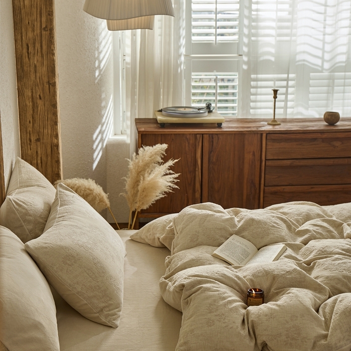 91家纺网 家纺一手货源 找家纺 禧禾 2025新款AB版棉麻加绒双拼四件套 墨白