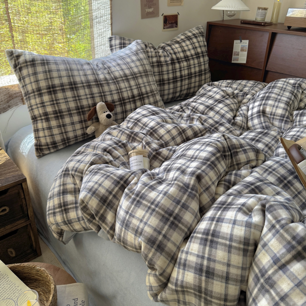 91家纺网 家纺一手货源 找家纺 耀达家居 2025新款高克重复古格子牛奶绒四件套（提供买家秀） 复古格纹-灰蓝