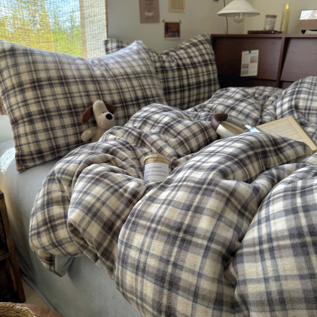 91家纺网 家纺一手货源 找家纺 耀达家居 2025新款高克重复古格子牛奶绒四件套（提供买家秀） 复古格纹-灰蓝