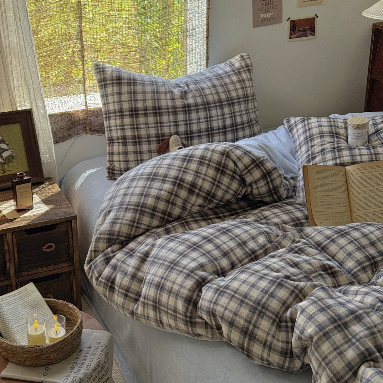 91家纺网 家纺一手货源 找家纺 耀达家居 2025新款高克重复古格子牛奶绒四件套（提供买家秀） 复古格纹-灰蓝