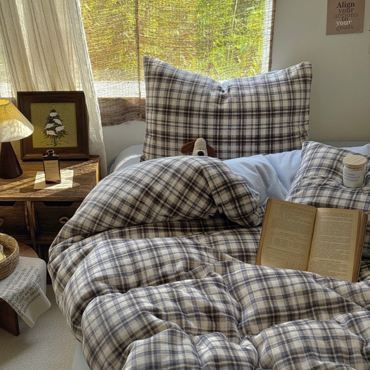 91家纺网 家纺一手货源 找家纺 耀达家居 2025新款高克重复古格子牛奶绒四件套（提供买家秀） 复古格纹-灰蓝