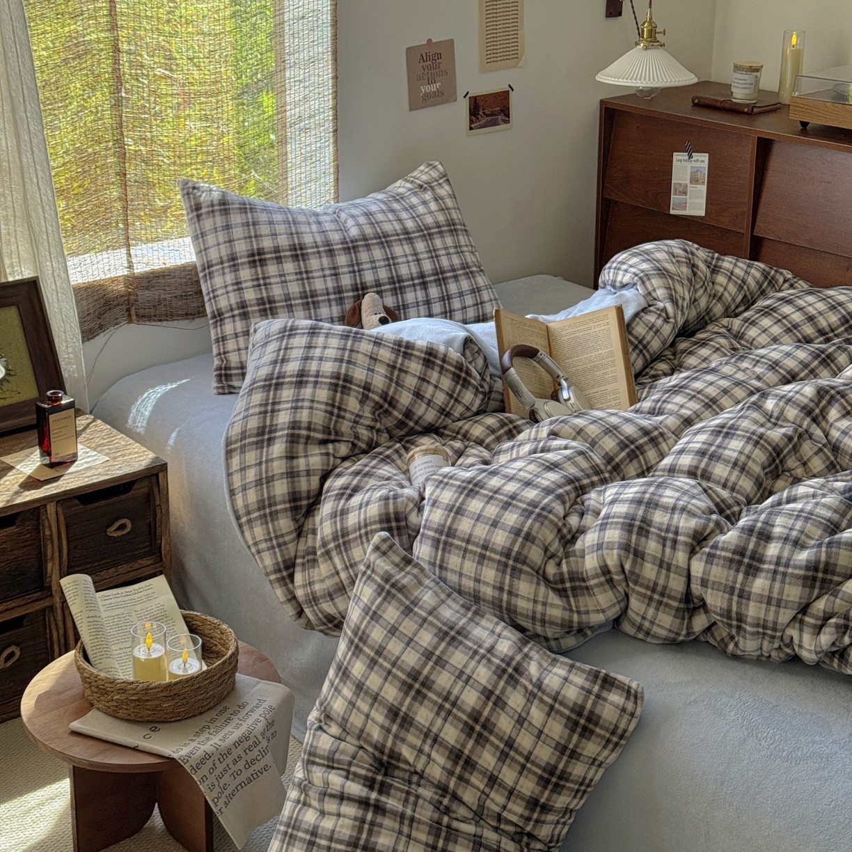 91家纺网 家纺一手货源 找家纺 耀达家居 2025新款高克重复古格子牛奶绒四件套（提供买家秀） 复古格纹-灰蓝