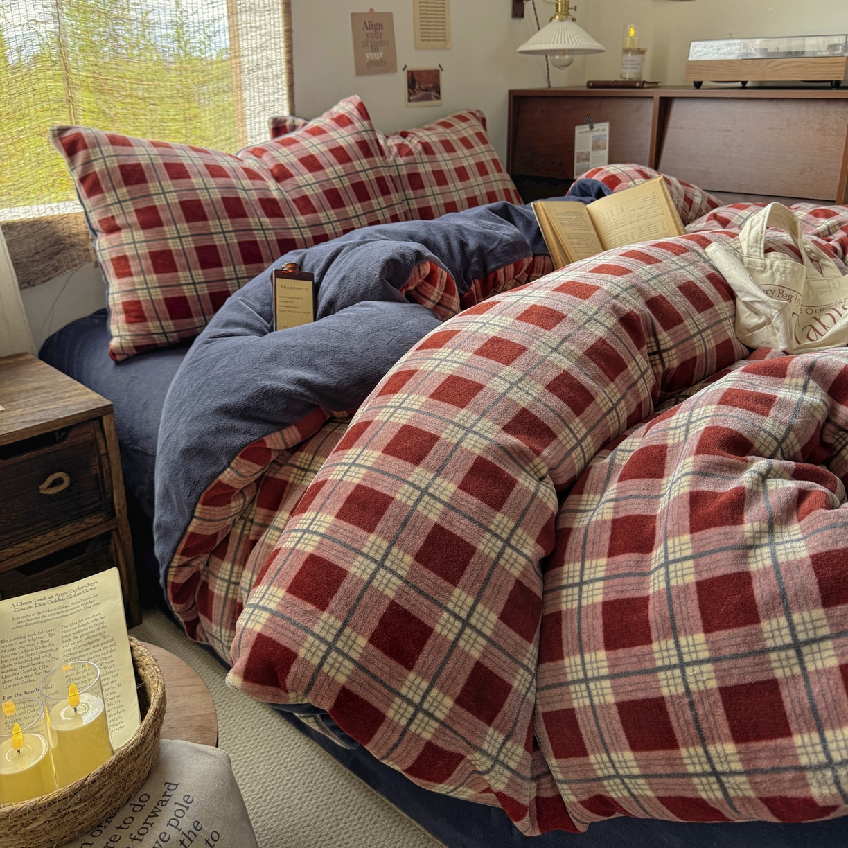 耀达家居 2025新款高克重复古格子牛奶绒四件套（提供买家秀） 复古格纹-红