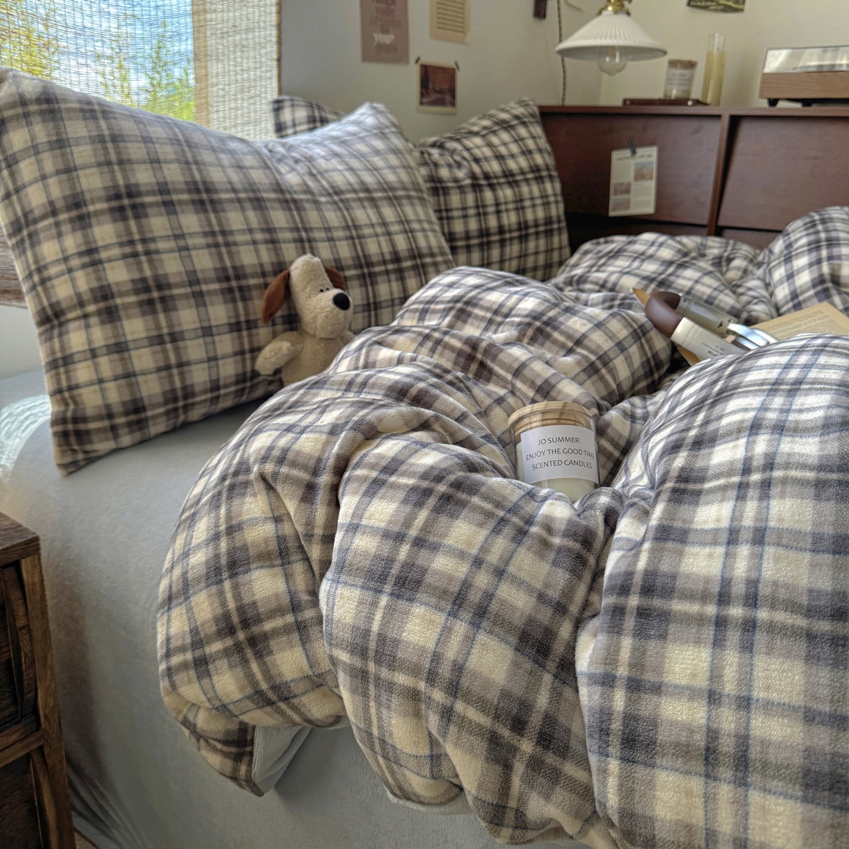 91家纺网 家纺一手货源 找家纺 耀达家居 2025新款高克重复古格子牛奶绒四件套（提供买家秀） 复古格纹-灰蓝