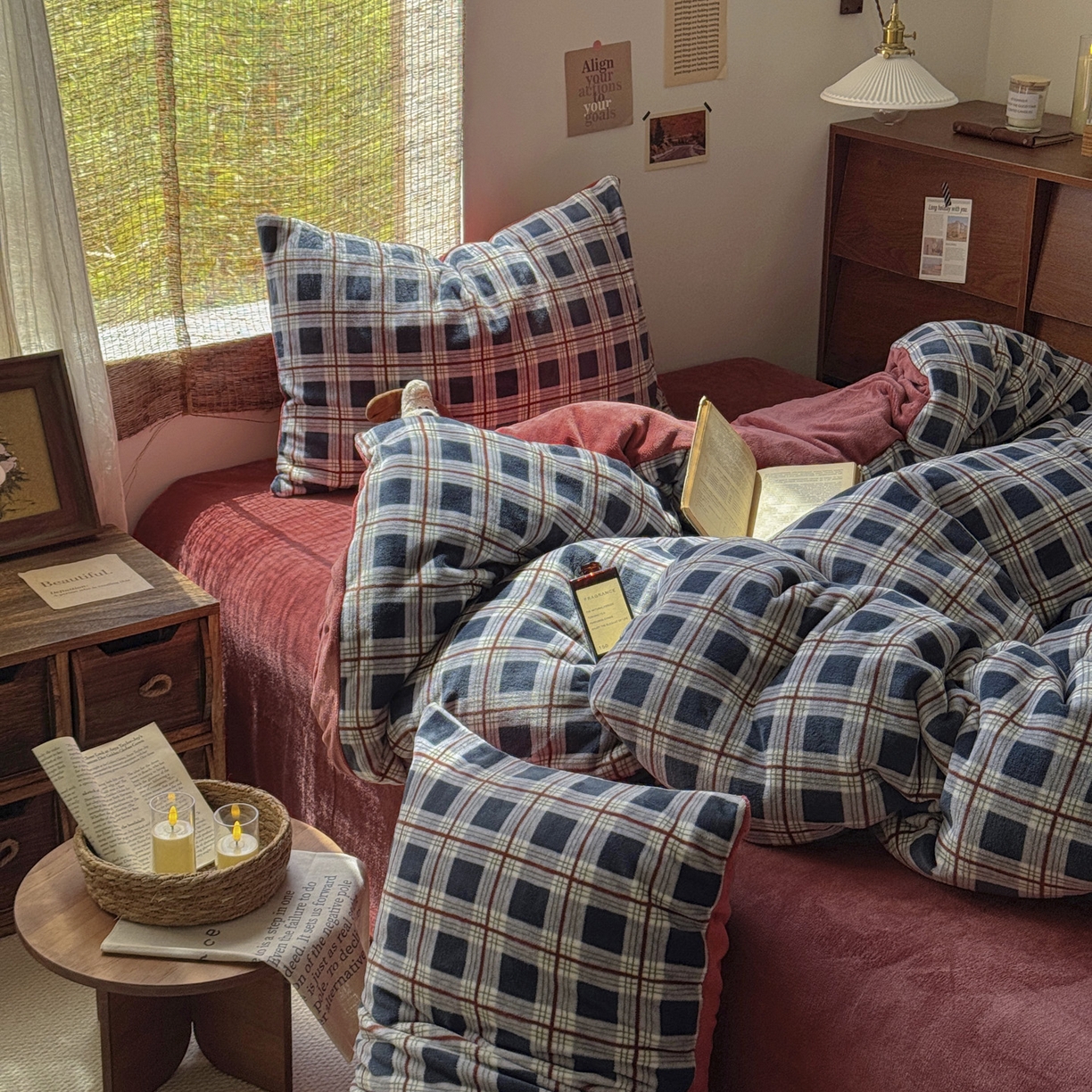 91家纺网 家纺一手货源 找家纺 耀达家居 2025新款高克重复古格子牛奶绒四件套（提供买家秀） 复古格纹-藏青