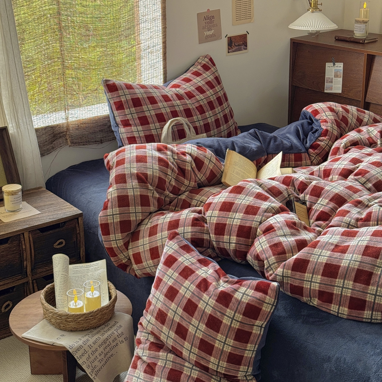 91家纺网 家纺一手货源 找家纺 耀达家居 2025新款高克重复古格子牛奶绒四件套（提供买家秀） 复古格纹-红