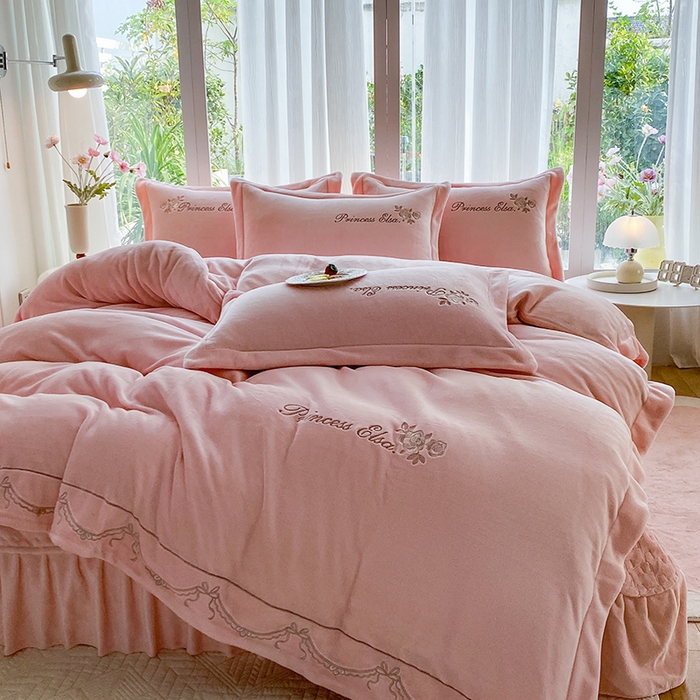 乐嘉盈 2025年新款纯色刺绣牛奶绒四件套-玫瑰缘 玫瑰缘-粉
