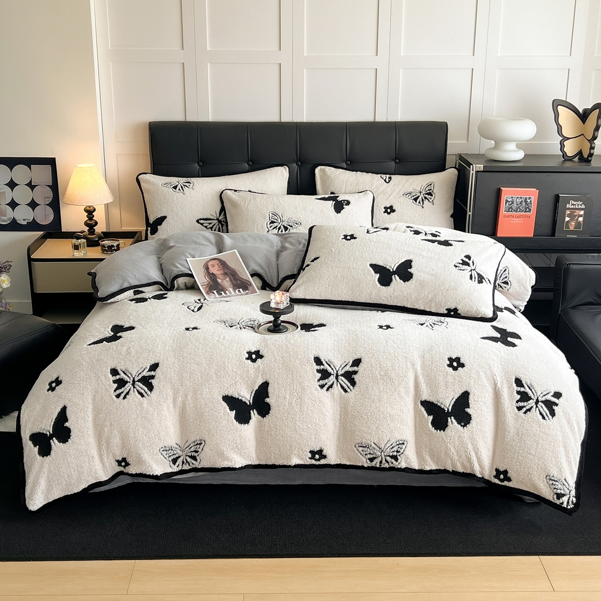 91家纺网 家纺一手货源 找家纺 安哆啦家纺 2025新款舒棉绒阳离子提花牛奶绒四件套 提花-蝴蝶白