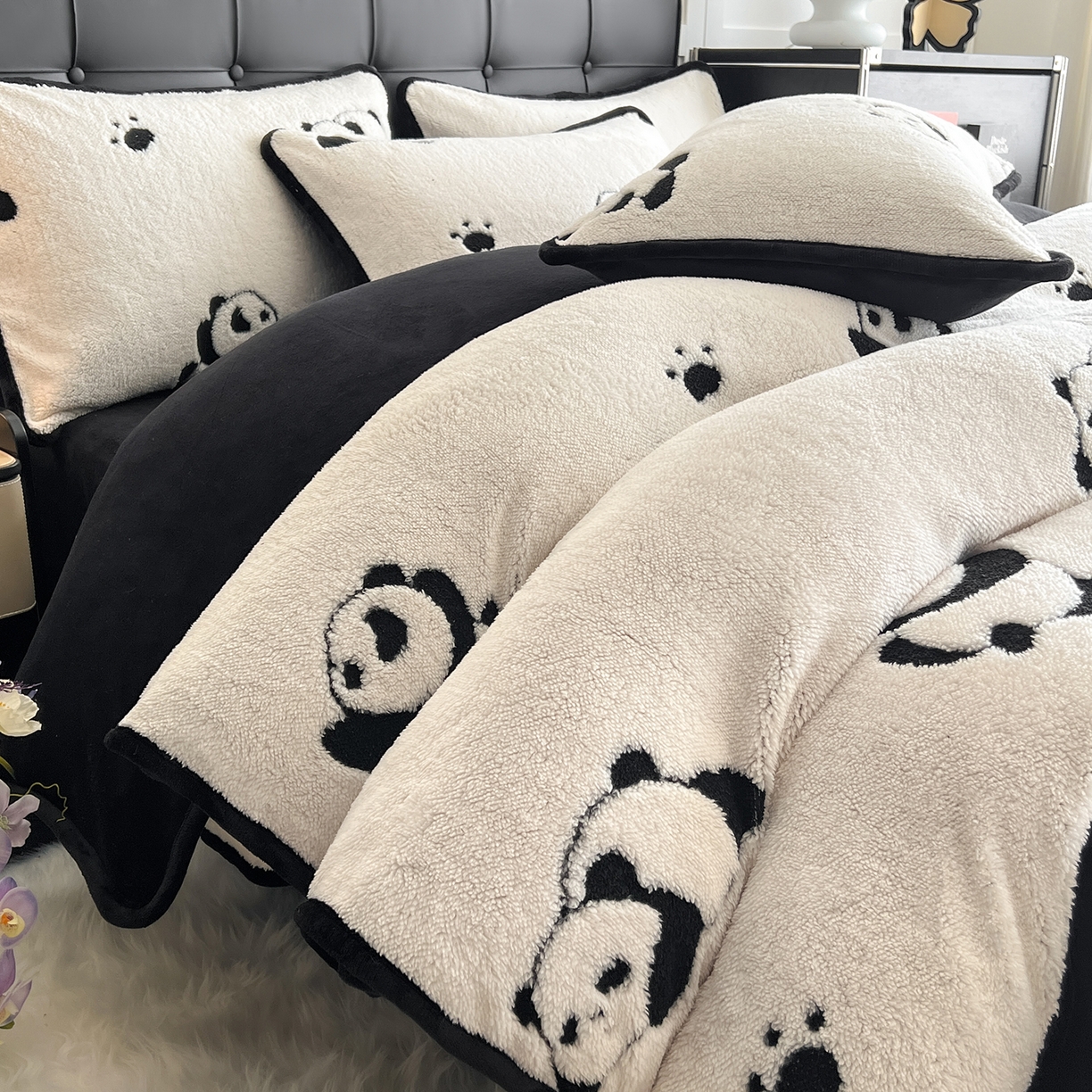 安哆啦家纺 2025新款舒棉绒阳离子提花牛奶绒四件套 提花-熊猫