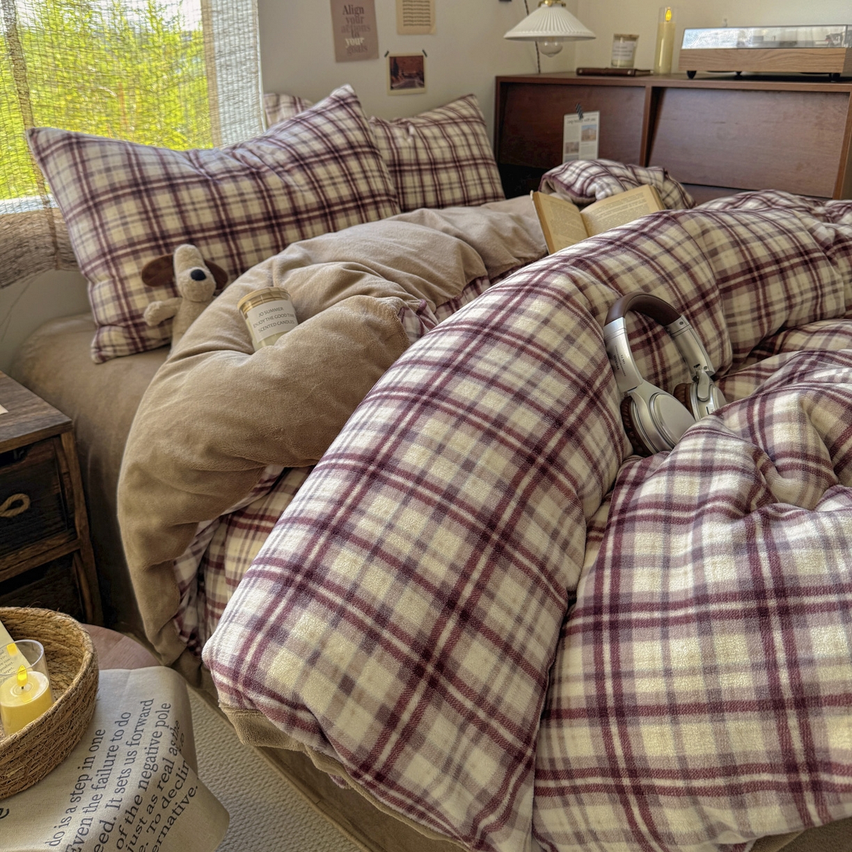 耀达家居 2025新款高克重复古格子牛奶绒四件套（提供买家秀） 复古格纹-茶棕