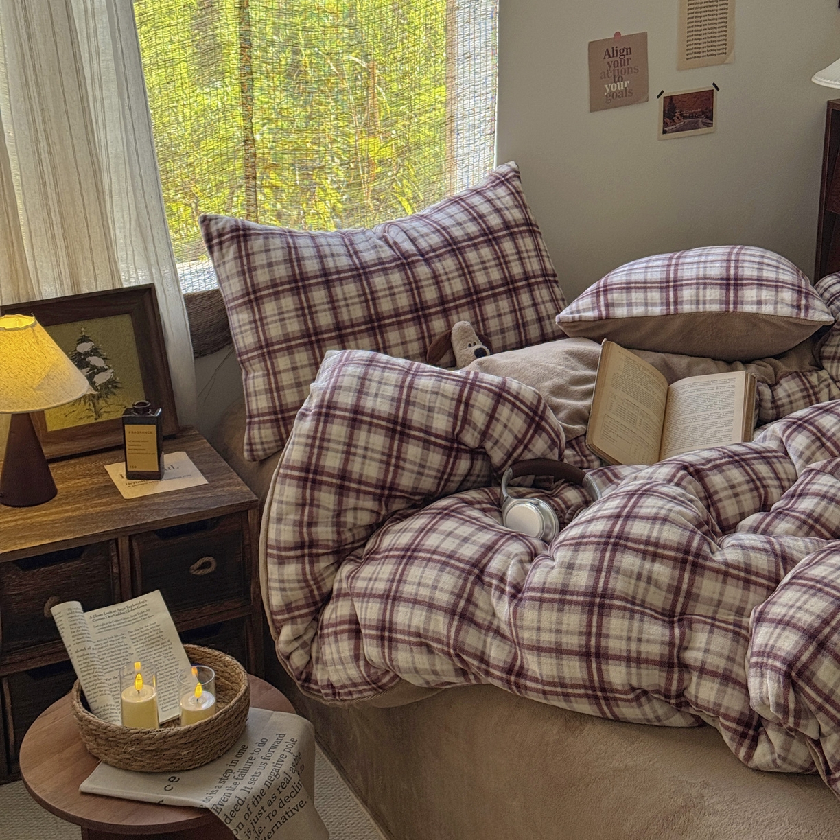 91家纺网 家纺一手货源 找家纺 耀达家居 2025新款高克重复古格子牛奶绒四件套（提供买家秀） 复古格纹-茶棕