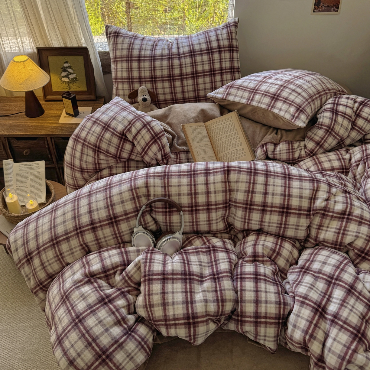 91家纺网 家纺一手货源 找家纺 耀达家居 2025新款高克重复古格子牛奶绒四件套（提供买家秀） 复古格纹-茶棕