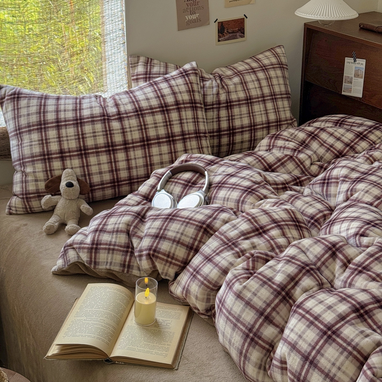 91家纺网 家纺一手货源 找家纺 耀达家居 2025新款高克重复古格子牛奶绒四件套（提供买家秀） 复古格纹-茶棕