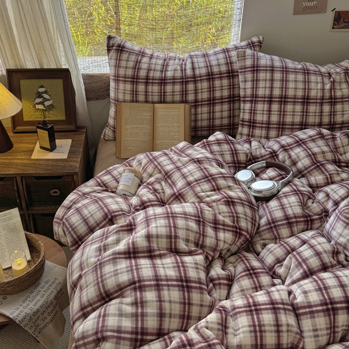 91家纺网 家纺一手货源 找家纺 耀达家居 2025新款高克重复古格子牛奶绒四件套（提供买家秀） 复古格纹-茶棕