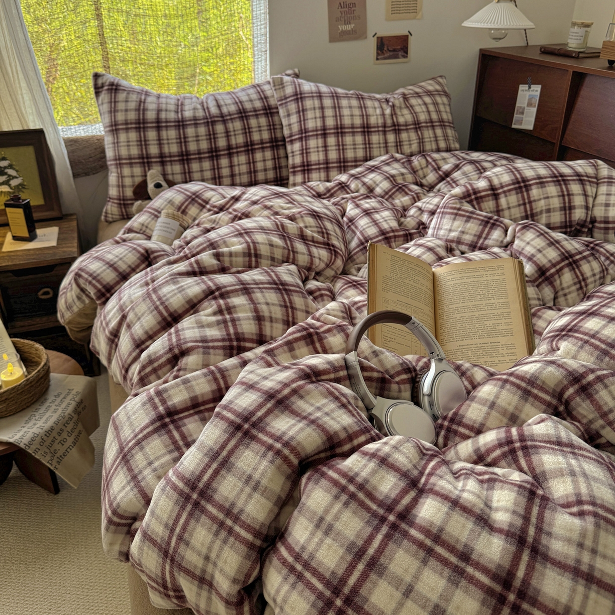 91家纺网 家纺一手货源 找家纺 耀达家居 2025新款高克重复古格子牛奶绒四件套（提供买家秀） 复古格纹-茶棕