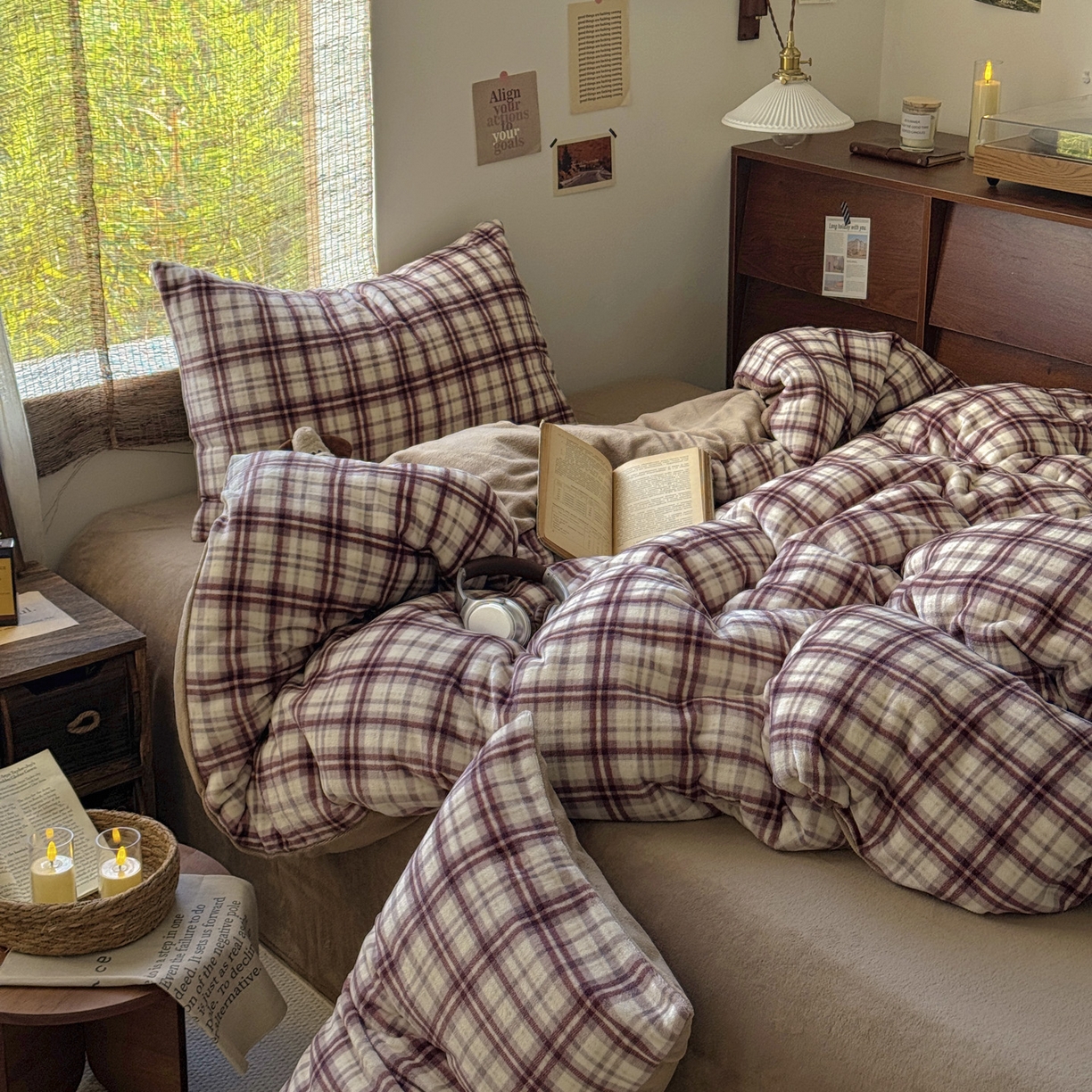 91家纺网 家纺一手货源 找家纺 耀达家居 2025新款高克重复古格子牛奶绒四件套（提供买家秀） 复古格纹-茶棕