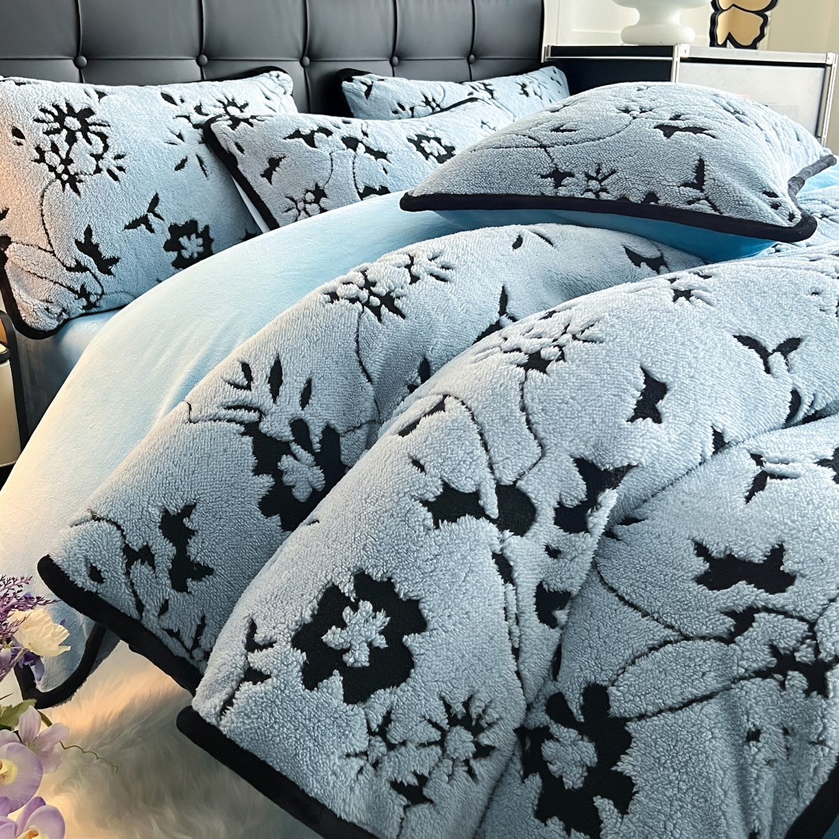 安哆啦家纺 2025新款舒棉绒阳离子提花牛奶绒四件套 提花-生如夏花蓝