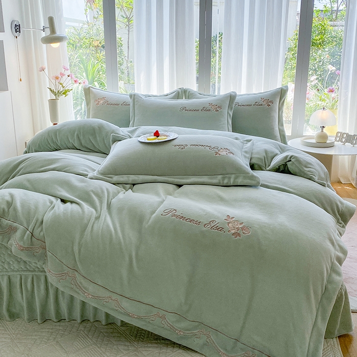 乐嘉盈 2025年新款纯色刺绣牛奶绒四件套-玫瑰缘 玫瑰缘-绿