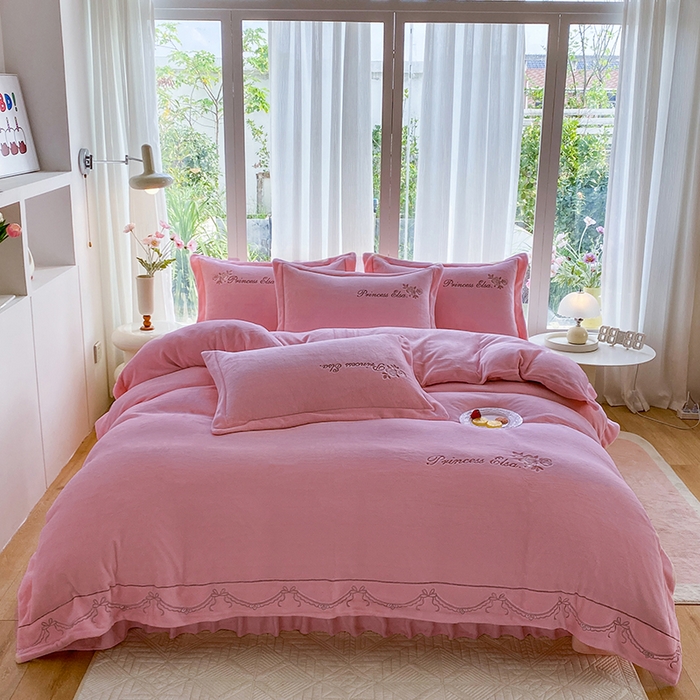 乐嘉盈 2025年新款纯色刺绣牛奶绒四件套-玫瑰缘 玫瑰缘-豆沙