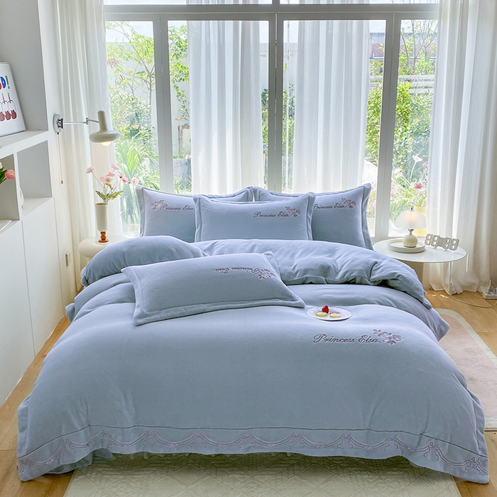 乐嘉盈 2025年新款纯色刺绣牛奶绒四件套-玫瑰缘 玫瑰缘-蓝