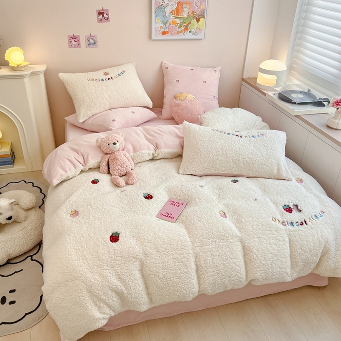 91家纺网 家纺一手货源 找家纺 （总）FORTWO家纺原创设计（FOR TWO家纺） 2025新款羊羔绒绣花四件套-草莓果果