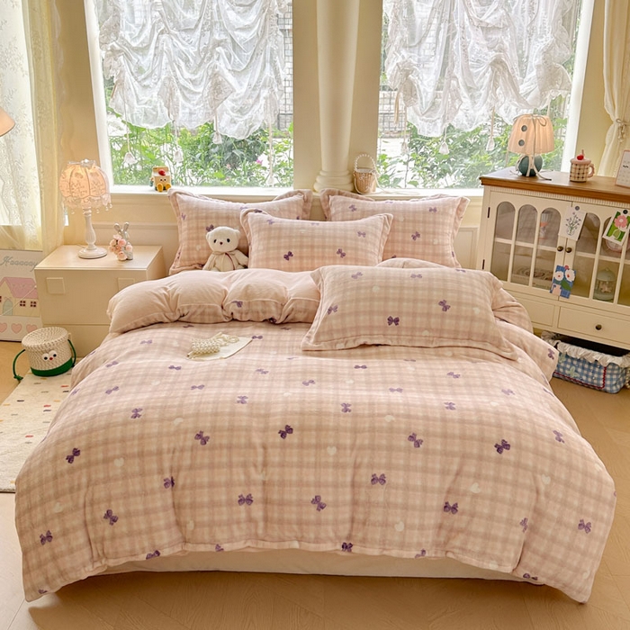 绵庭家纺 2025新款高克重牛奶绒印花四件套系列 星梦蝶结-紫