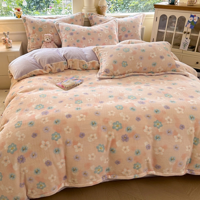 91家纺网 家纺一手货源 找家纺 绵庭家纺 2025新款高克重牛奶绒印花四件套系列 甜橘晴朗-玉