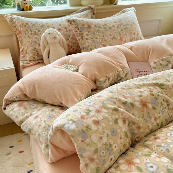 91家纺网 家纺一手货源 找家纺 绵庭家纺 2025新款高克重牛奶绒印花四件套系列 梦境花语