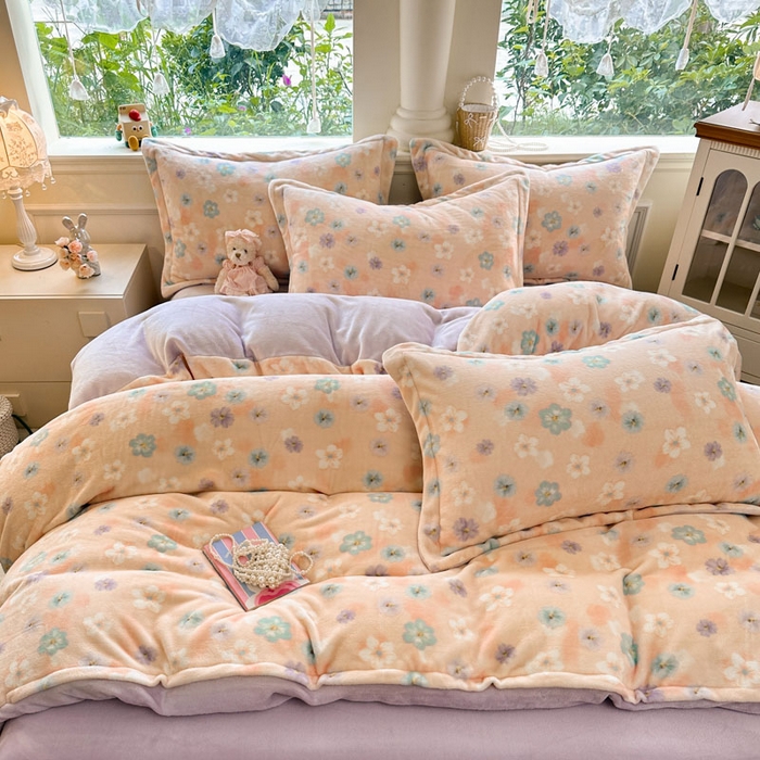 91家纺网 家纺一手货源 找家纺 绵庭家纺 2025新款高克重牛奶绒印花四件套系列 甜橘晴朗-玉