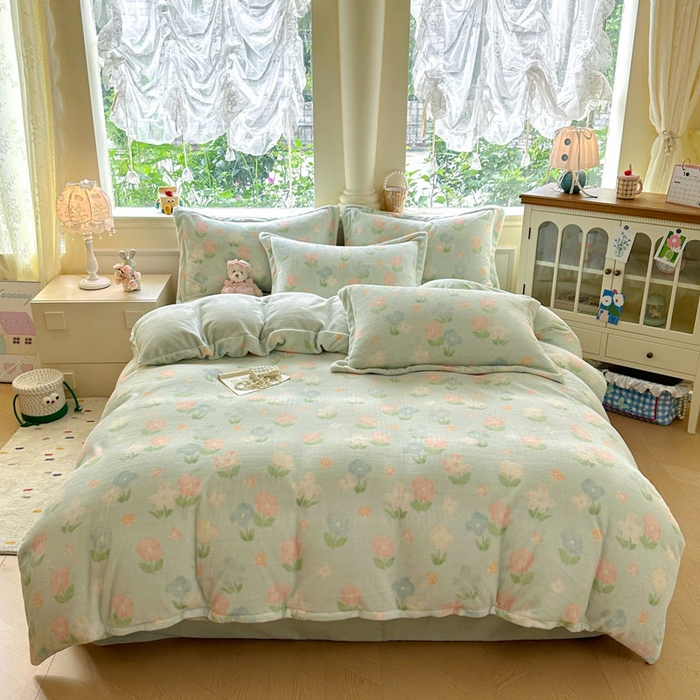 绵庭家纺 2025新款高克重牛奶绒印花四件套系列 花汐子-绿