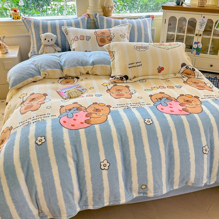 91家纺网 家纺一手货源 找家纺 绵庭家纺 2025新款高克重牛奶绒印花四件套系列 可爱卡皮-黄