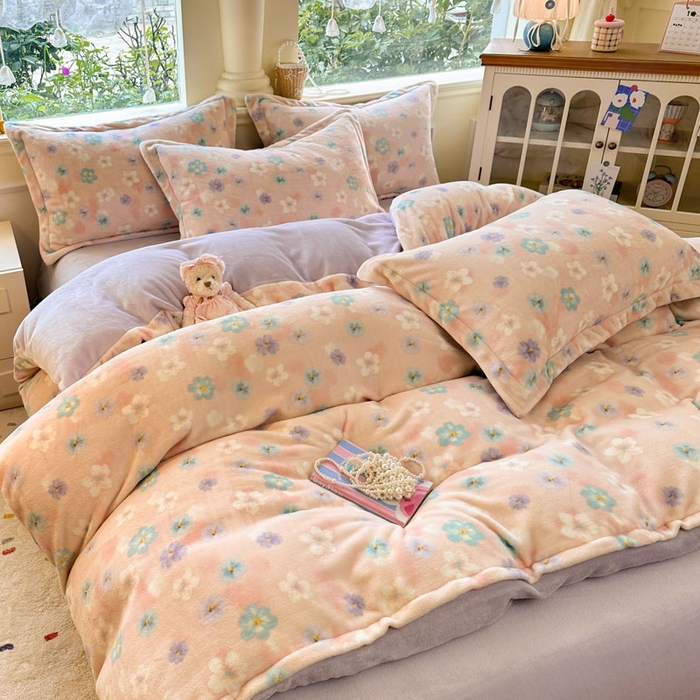 91家纺网 家纺一手货源 找家纺 绵庭家纺 2025新款高克重牛奶绒印花四件套系列 甜橘晴朗-玉