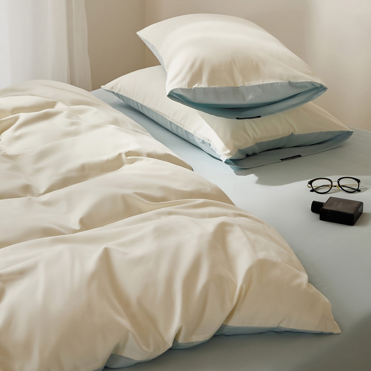 91家纺网 家纺一手货源 找家纺 EH家居 2025新款100S长绒棉小宽边磨毛四件套--云栖系列 蓝白