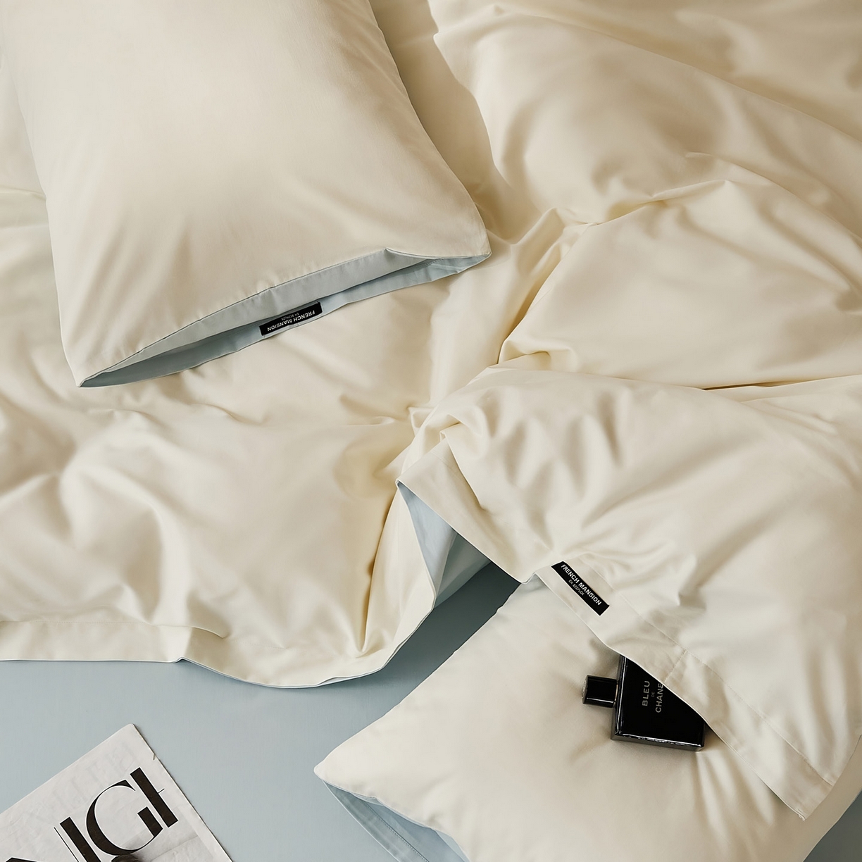 91家纺网 家纺一手货源 找家纺 EH家居 2025新款100S长绒棉小宽边磨毛四件套--云栖系列 蓝白