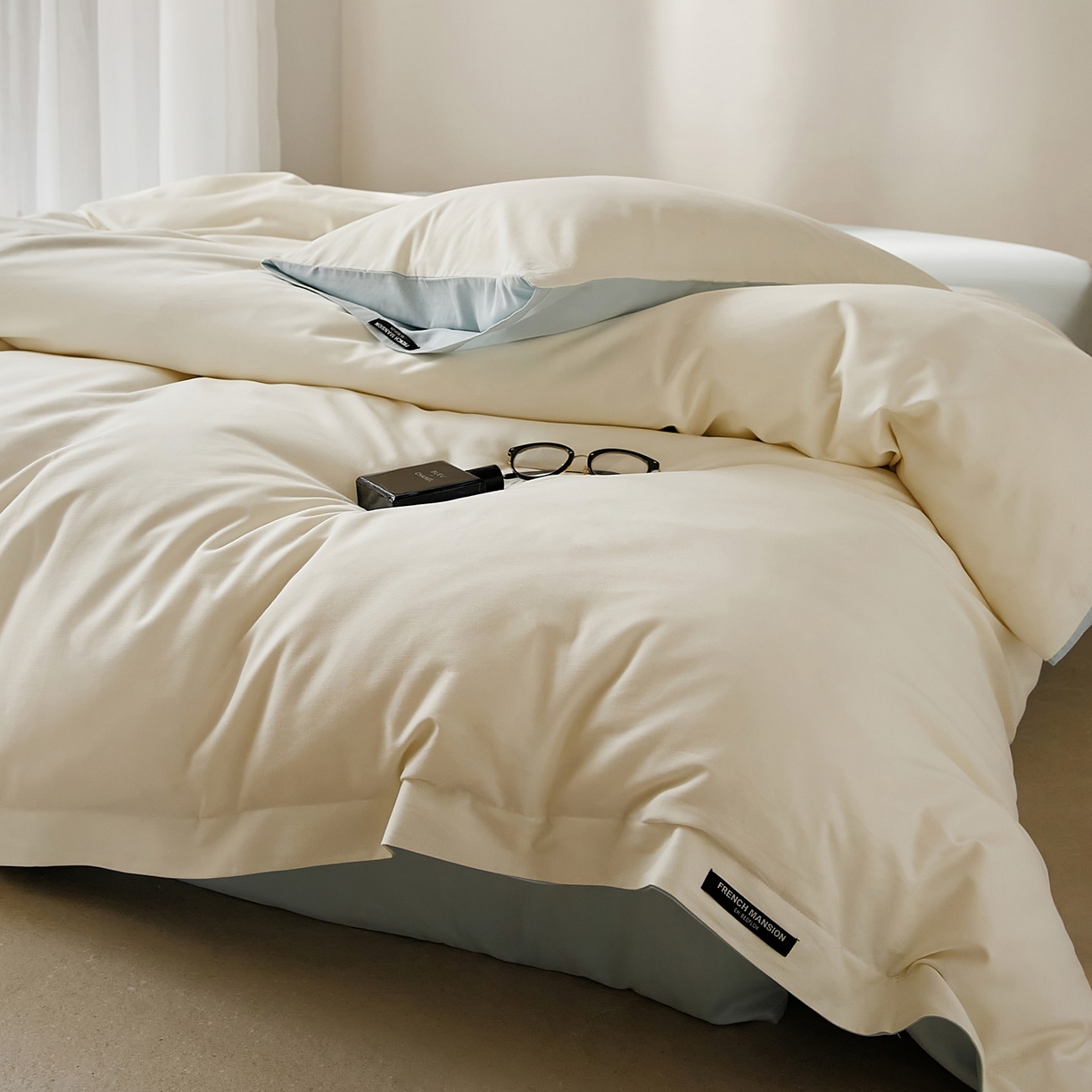 91家纺网 家纺一手货源 找家纺 EH家居 2025新款100S长绒棉小宽边磨毛四件套--云栖系列 蓝白