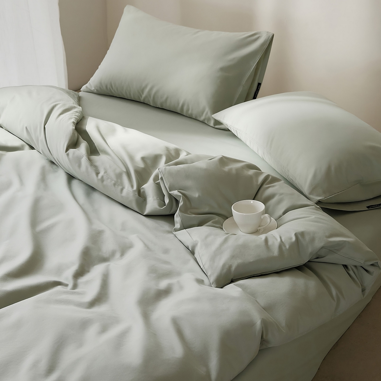 91家纺网 家纺一手货源 找家纺 EH家居 2025新款100S长绒棉小宽边磨毛四件套--云栖系列 晴空蓝