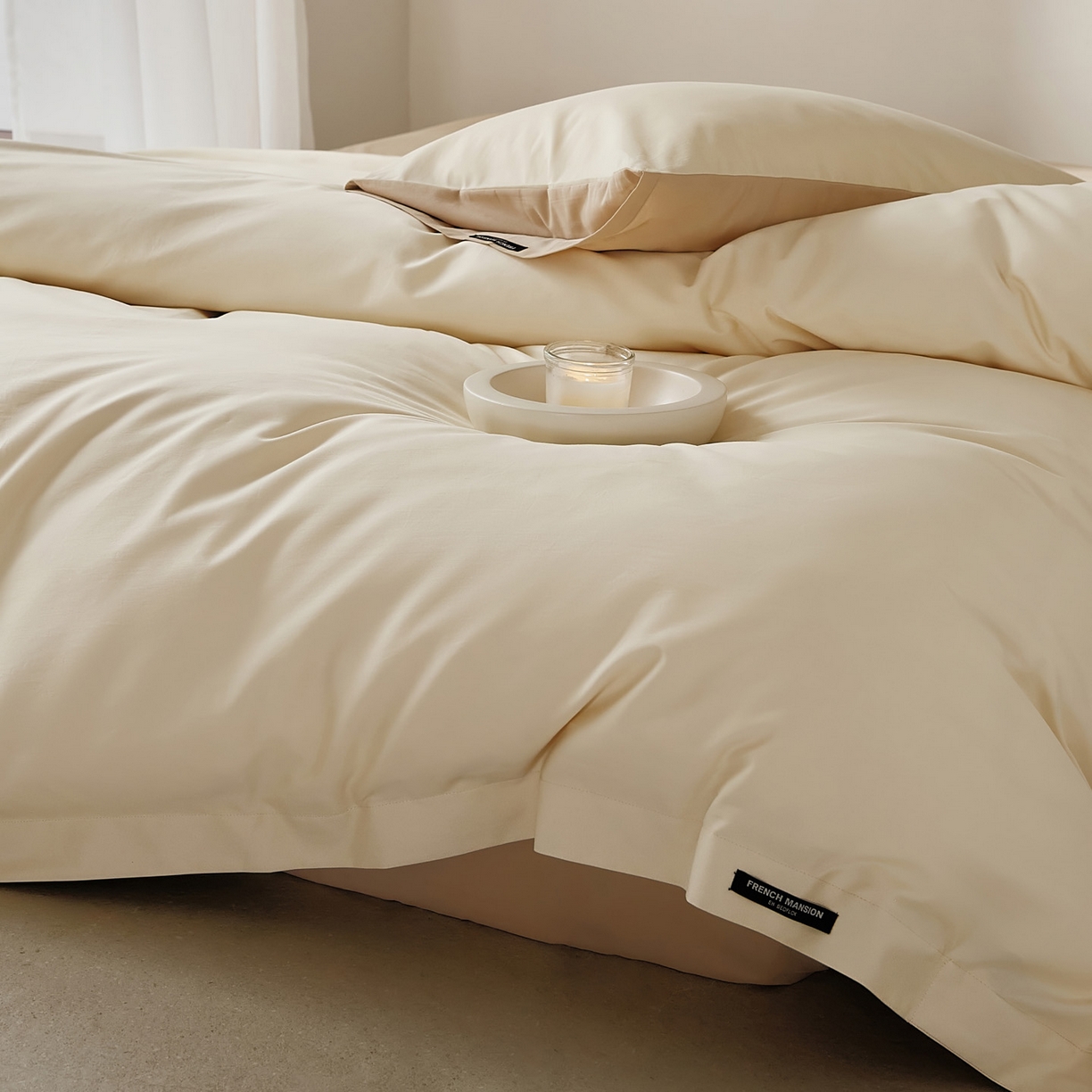 91家纺网 家纺一手货源 找家纺 EH家居 2025新款100S长绒棉小宽边磨毛四件套--云栖系列 奶白+落日咖