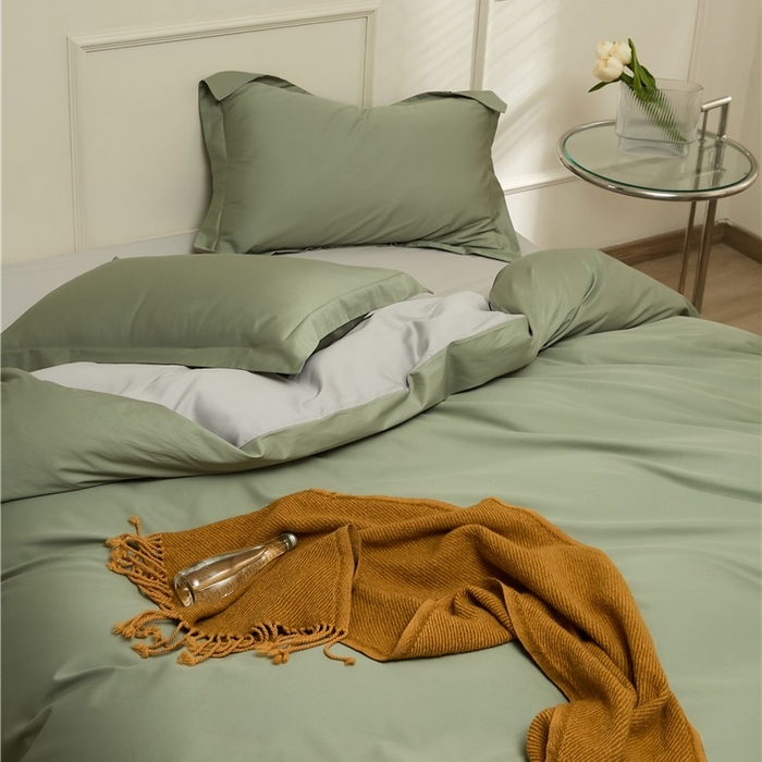 91家纺网 家纺一手货源 找家纺 新款100S长绒棉双拼四件套 苍兰绿