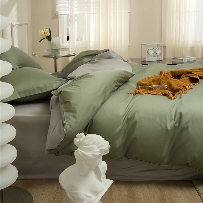 91家纺网 家纺一手货源 找家纺 新款100S长绒棉双拼四件套 苍兰绿