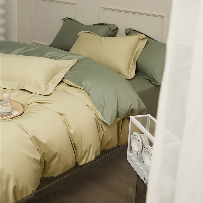 91家纺网 家纺一手货源 找家纺 新款100S长绒棉双拼四件套 白茶-草绿