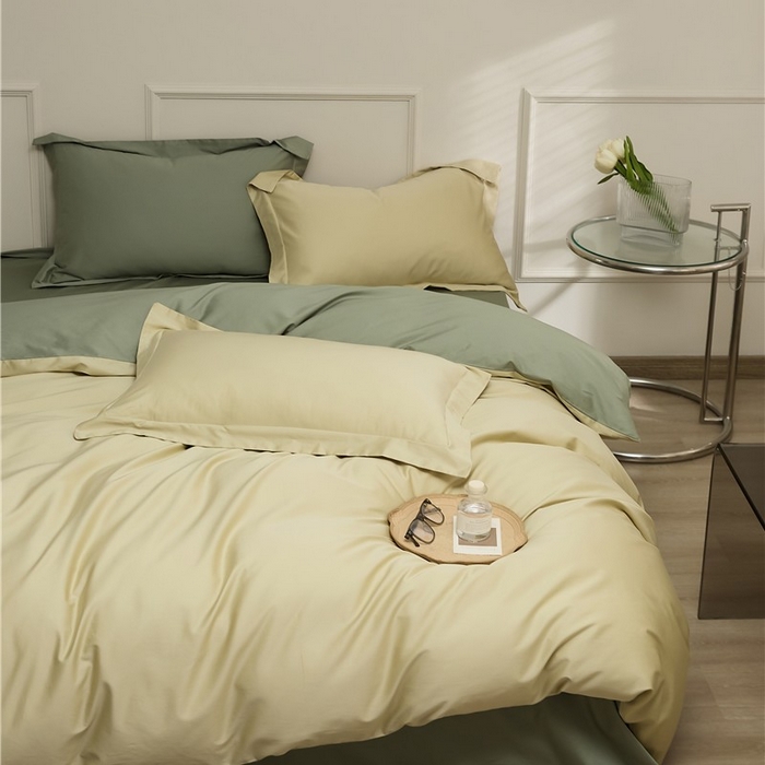 91家纺网 家纺一手货源 找家纺 新款100S长绒棉双拼四件套 白茶-草绿